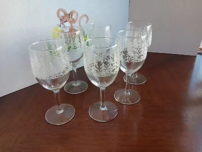 Vintage Frosty Pines By Libbey Set Of 6 Water Wine Glass Clear Embossed Texture • $59