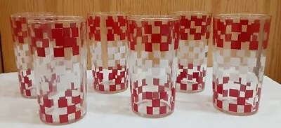Set Of 6 Vintage MCM Red & White Check 8 Oz Glasses Tumblers Barware 4.75  Tall • $23.99
