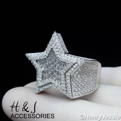 Men 925 Sterling Silver Iced Baguette Bling Cz 3d Double Star Shape Ring*asr179 • $66.99