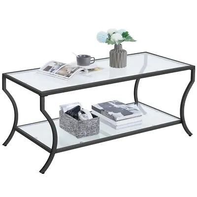 2 Tier Glass Coffee Table Modern Coffee Table With Storage Shelf For Living Room • $79.89