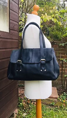 M&S Leather Handbag - Black 100% Pebble Grain Leather - H9  X W36cm X D4  - VGC • £45