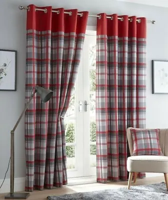 Red Orleans Tartan Check Lined Ready Made Eyelet Ring Top Curtains Pair • £38.99