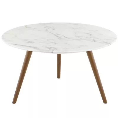 Pemberly Row  28  Round Artificial Marble Top Coffee Table In Walnut And White • $323.80