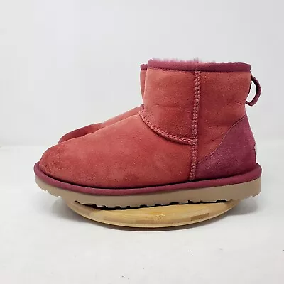 UGG Classic Mini Boots Womens 8 Red Suede Pink Shearling Lined Ankle Shoes • $39.95