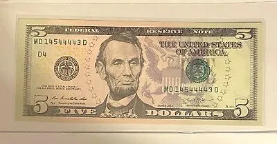 2013 (MD) $5 Five Dollar Bill Federal Reserve Note Cleveland Fancy 5 4s Crisp • $11.95