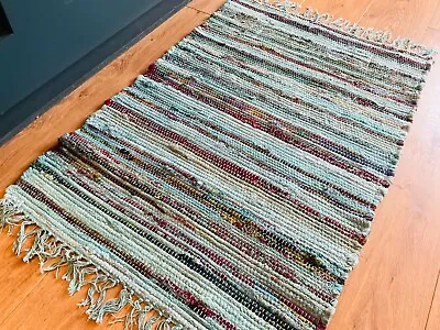 Recycled Turquoise Rug Overdyed Blue Thick Cotton Rag Rug Available In 2 Sizes • £16.50