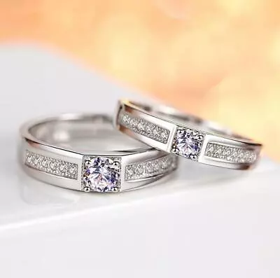 Silver Promise Pave Cubic Zirconia Adjustable Engagement Pair Couple Love Ring • $13.99