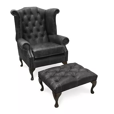 Chesterfield Queen Anne High Back Wing Chair &Footstool In Vintage Black Leather • £875