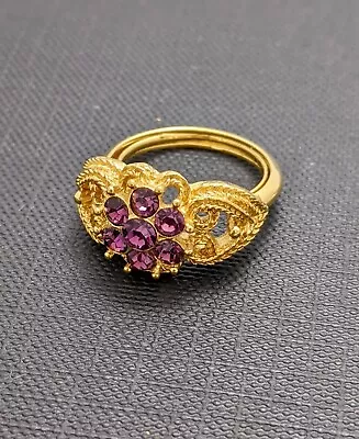 Vintage Crown Trifari Ring Amethyst Rhinestones Gold Tone Filigree Size J To N • $50.73