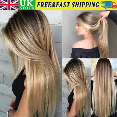 Womens Synthetic Long Straight Hair Wigs Natural Ombre Blonde Cosplay Full Wig • £7.99