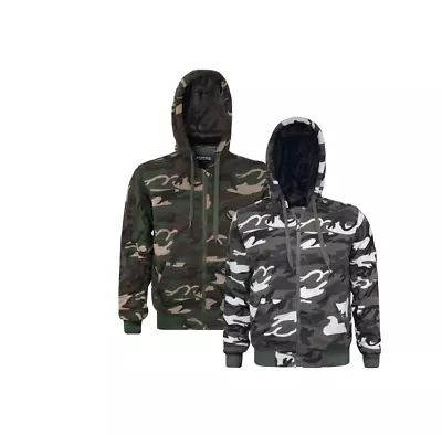 Men's Camouflage Full-Zip Hoodie Lined With Fur Camo Top For Mens (679) • £22.99