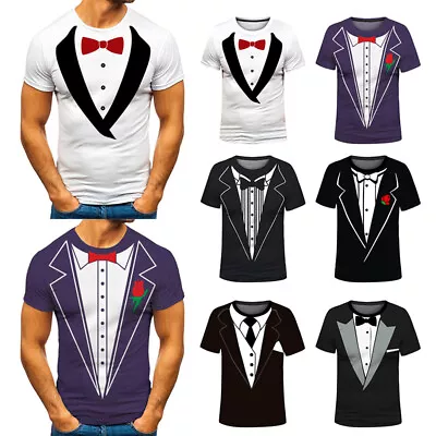 Mens Fake Suit Vest 3D Printed T-Shirt Funny Fake Suit Tuxedo Bow Tie Shirts Top • £7.18