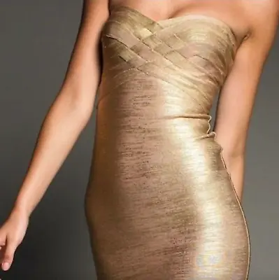 $1590 NWT Herve Leger Gold Strapless Tube Bandage Foil Dress Sz XS • $395
