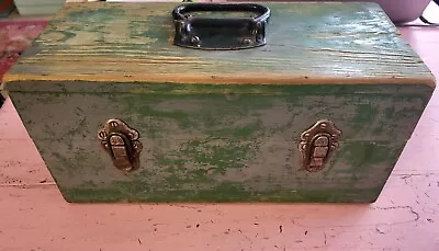 Vintage Wood Tool Fishing Box Green Distressed Primitive Americana Folk Tackle • $39.99