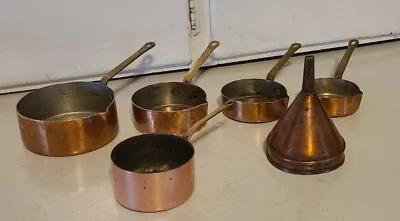Lot Of 6 Copper Small Pans & Funnel. One Marked Country Kitchen Measuring Cups  • $63