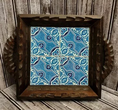 VTG Carved Wooden Tray 4 Hand-Painted Ceramic Tiles Mexican Tuscan Farmhouse • $29.99