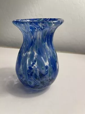 Handblown Art Glass Round Ribbed Cobalt Blue Vase W/ Millefiori Accents 5.5  • $17.50