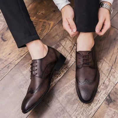 Mens Brogue Pointed Toe Lace Up Formal Dress Brogue Leather Flats Oxford Shoes • £51.26