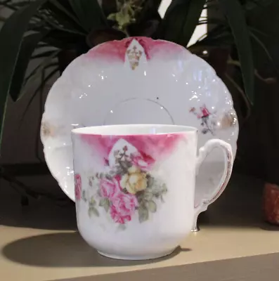 Vintage Mustache Tea Cup Mug & Saucer Large Pink Flowers - Victorian Era • $55