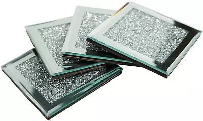 SERENA'S 4 Pack Crushed Diamond Crystal And Mirror Coasters Set Of 4 Glittering  • £9.49