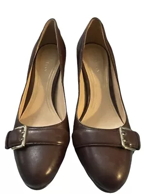 👠EUC Cole Haan Brown Leather Buckle Pump High Heels Women Sz 6.5 • $17.95