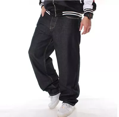 Men's Black Hip-Hop Rap Jeans Denim Pants Skateboard Loose Baggy Casual Trousers • $33.98