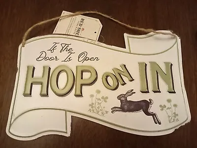 Red Shed Home & Gifts -  Hop On In -  Metal Sign Rabbit Bunny  • $15