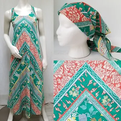 Vintage 70's SAYBURY Floral Stripe Chevron Maxi Dress W/ Shawl/Head Scarf - Sz S • $61.20