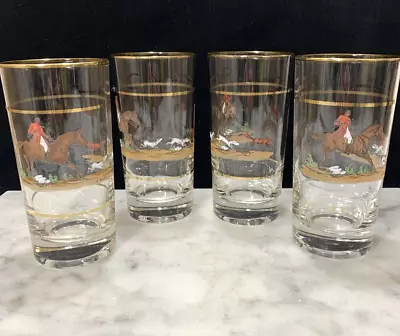 Vintage Fox Hunt Hunting Set = 4 Libbey  High Ball Gold Trim Man Cave Bar • $32