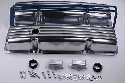 58-86 SBC Chevy 350 Polished Aluminum Short Retro Finned Valve Covers W/ Gasket • $86.98