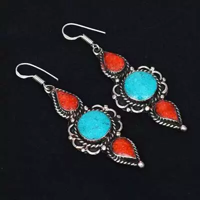 Tibetan Turquoise Coral Drop Dangle Earrings Jewelry Gift 2.48  AE-14178 • $3.99