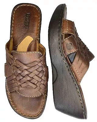 Born Size 8 M/W Leather Sandals Brown Platform Wedge Slides Slip On Shoes Summer • $29.99