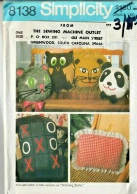 £11.99 • Buy Simplicity Sewing Pattern 8138 Animal Pillows Panda Cat Lion Owl 1970s Vintage 