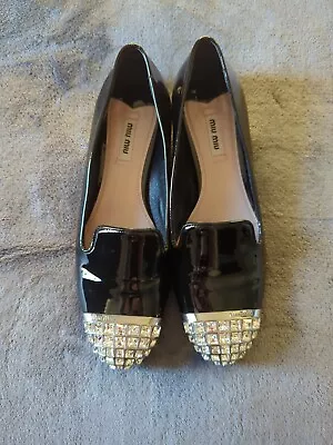 Miu Miu Black Patent Crystal Encrusted Toe Cap Flat Loafer Shoes Size 40 UK7 • £95