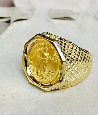 Men's 20 Mm Liberty Coin American Eagle Vintage Ring 14K Yellow Gold Plated • $322.69