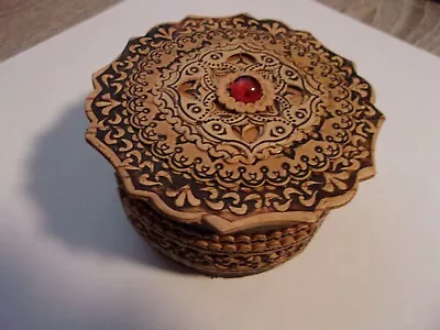 Carved Wooden Round Trinket/Jewelry Box With Mirror • $14.49