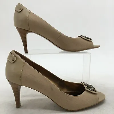 Ellen Tracy Shoes Womens 7.5 M Finch Stiletto Heels Slip On Pump Tan Canvas Open • $5