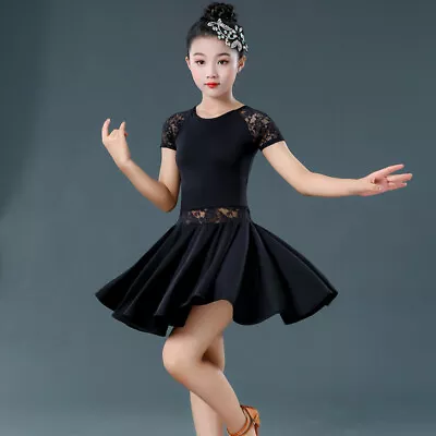 Girls Lace Short Sleeve Latin Dance Dress Ballroom Salsa Tango Dancewear Black • $28.78