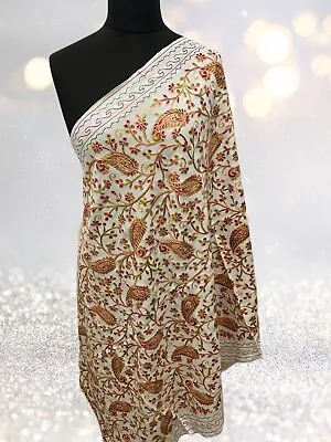 Luxurious Kashmiri Embroidery Shawl Scarf Wrap  Hijab Fine Wool Ivory/ White • £20