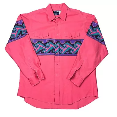 Wrangler Brushpopper Pink Aztec Western Shirt Men's 17.5-36 Vintage 90's USA • $99.99