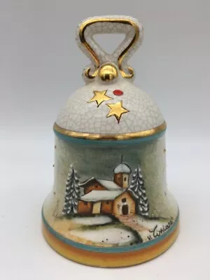 Veneto Flair Hand Painted Majolica 1977-1978 Christmas New Year Bell Snowy Cabin • $26.99