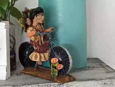 Handmade Gift | Woman On Bicycle With 4 Monkeys Original Art & Clay Figurine • $151.84