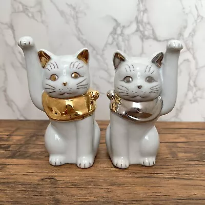 Maneki Neko Beckoning Lucky Cat Seto Ware Porcelain Pair Gold & Platinum 13cm • $109.25