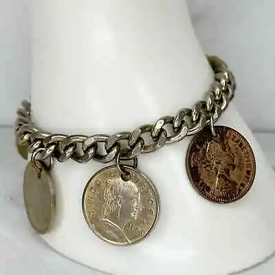 Vintage Queen Elizabeth II UK South Africa Mexico Coin Charm Bracelet • $19.99