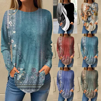 Women Print Floral Tunic Tops Ladies Long Sleeve Casual Loose Shirt Blouse Size • £9.59