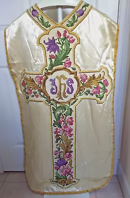 Vtg White Satin Fiddleback Chasuble Vestment Needlepoint IHS Colorful Floral • $275