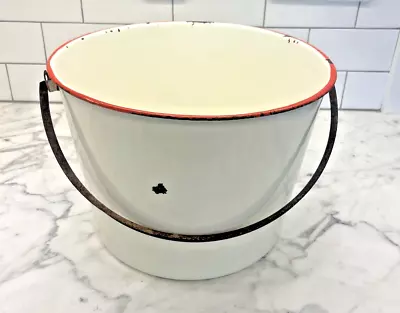 Vintage White/Red Large Enamel Pot Pail Or Bucket With Handle 8 H X 11  W • $42