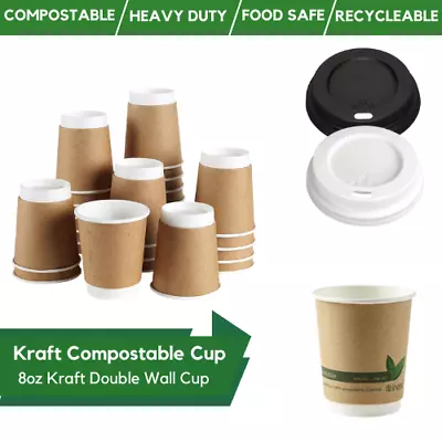 Kraft Compostable Coffee Cups & Lids Biodegradable Disposable Double Wall Cups • £8.49