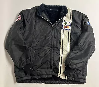 Vintage 70s Ford Shelby Cobra Black Racing Bomber Jacket Blue Fur Lined Full Zip • $199.99