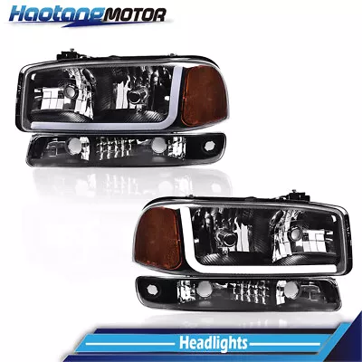 LED DRL Black Headlights W/ Bumper Lamps 4PCS Fit For 1999-2007 GMC Sierra Yukon • $75.88